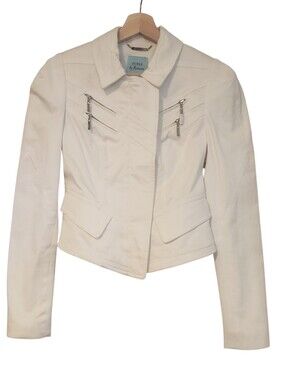 Guess By Marciano Jacket White Denim Moto Zip Up Shoulder Pads Y2K Size 4